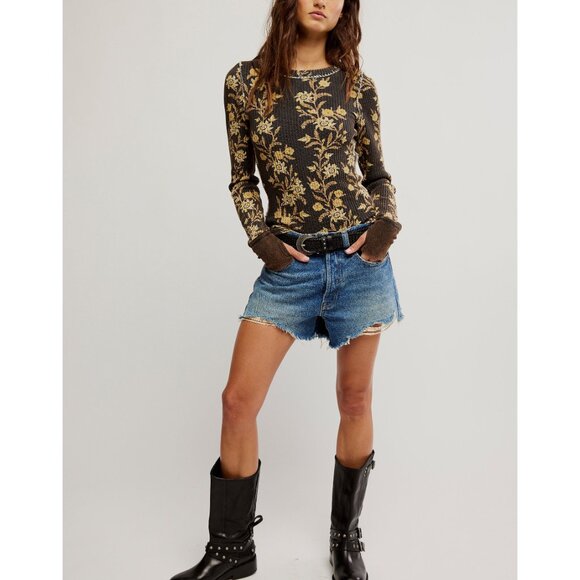Free People Dark Brown and Gold Floral Long Sleeve Tee - Picture 5 of 6